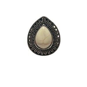 Vintage Style Teardrop White Howlite Stone Ring Adjustable Silver Tone Filigree
